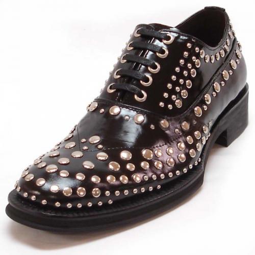 Fiesso Black Genuine Leather Oxford Shoes With Silver Metal Studs FI6699